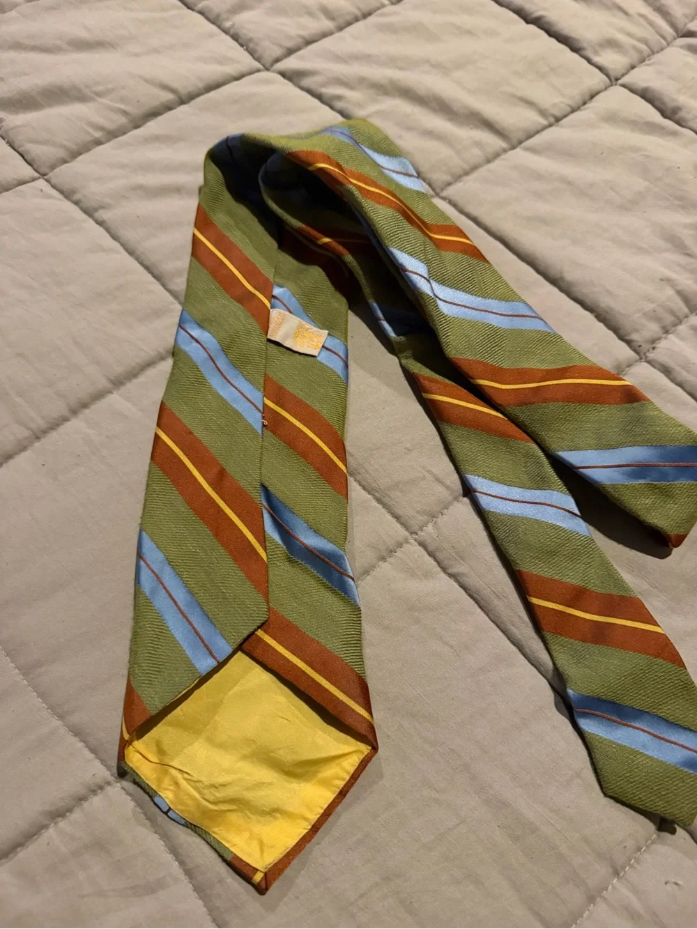 Olive Green Tie with Light Blue and Rust Stripes